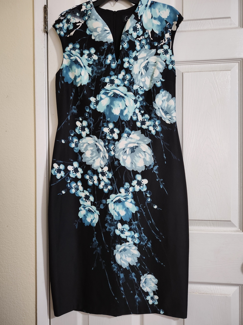 connected apparel Black Midi Sheath Dress with Blue Floral Print